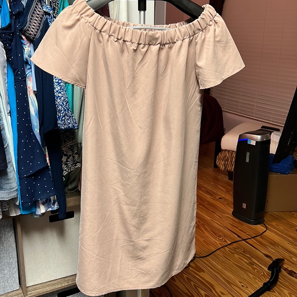 Beige off the shoulder mini dress